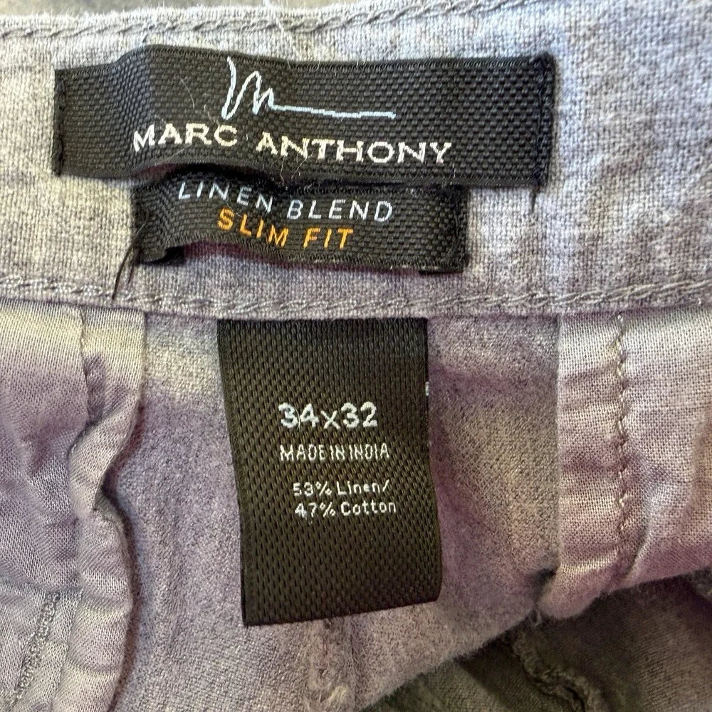 Marc Anthony Chino Pants Mens 34x32 Light Gray Linen Blend Slim Fit Straight Leg